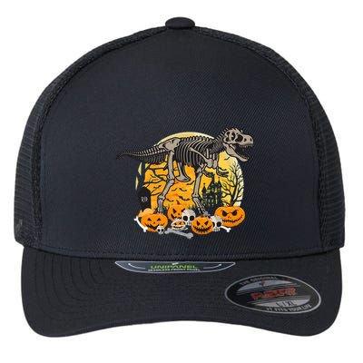 Dinosaur T Rex Skeleton Pumpkin Halloween Vibe Costume Gift Flexfit Unipanel Trucker Cap