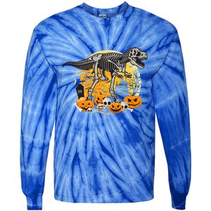 Dinosaur T Rex Skeleton Pumpkin Halloween Vibe Costume Gift Tie-Dye Long Sleeve Shirt