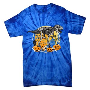 Dinosaur T Rex Skeleton Pumpkin Halloween Vibe Costume Gift Tie-Dye T-Shirt