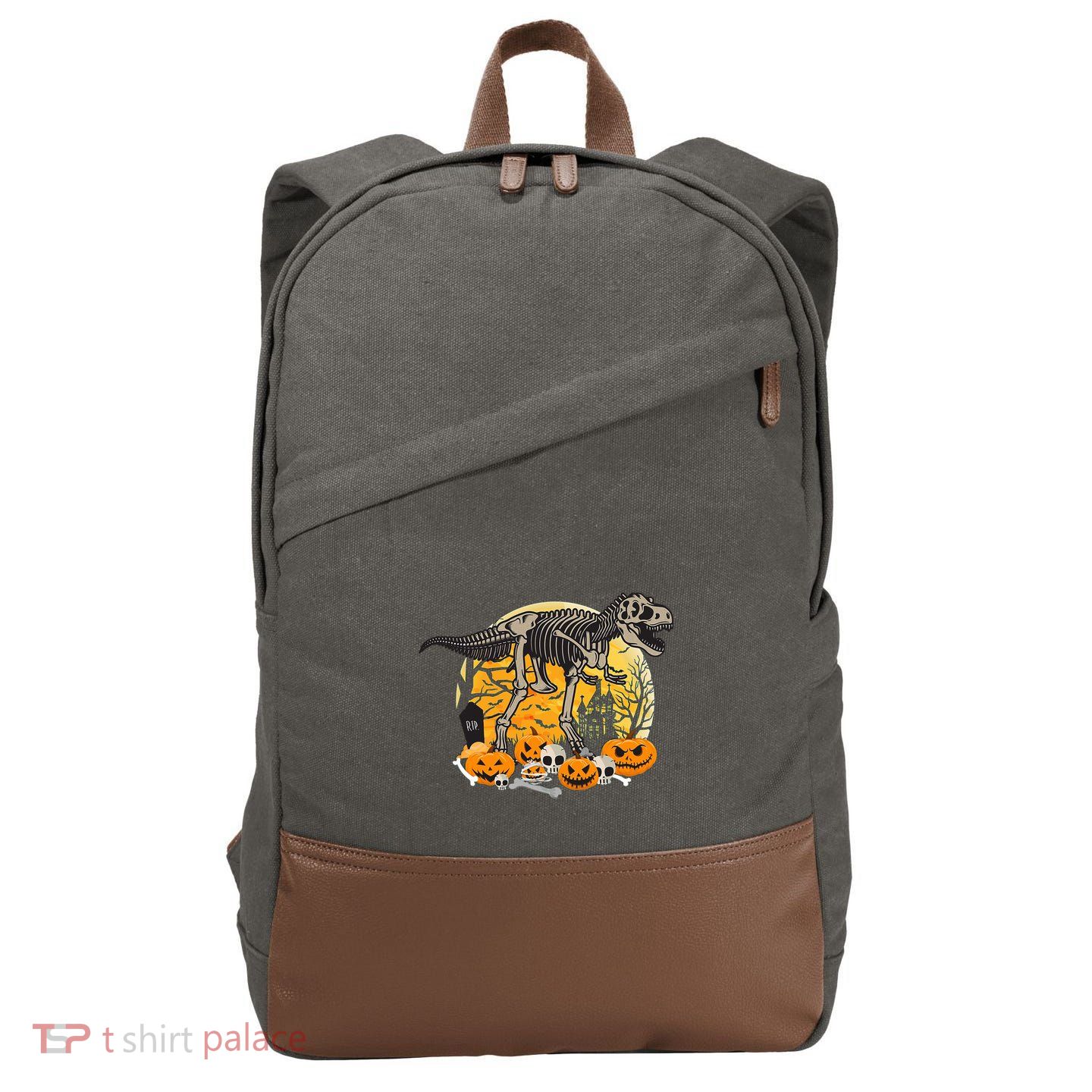 Dinosaur T Rex Skeleton Pumpkin Halloween Vibe Costume Gift Cotton Canvas Backpack
