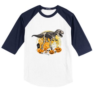 Dinosaur T Rex Skeleton Pumpkin Halloween Vibe Costume Gift Baseball Sleeve Shirt