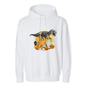 Dinosaur T Rex Skeleton Pumpkin Halloween Vibe Costume Gift Garment-Dyed Fleece Hoodie