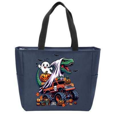 Dinosaur T Rex Ghost Riding Monster Trucks Pumpkin Halloween Zip Tote Bag