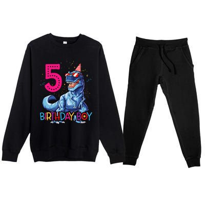 Dinosaur T Rex 5 Year Old 5th Birthday Premium Crewneck Sweatsuit Set