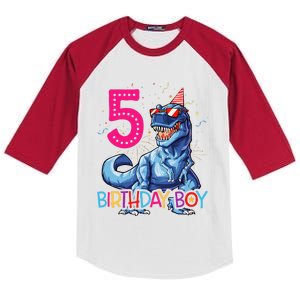 Dinosaur T Rex 5 Year Old 5th Birthday Kids Colorblock Raglan Jersey