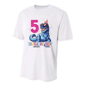 Dinosaur T Rex 5 Year Old 5th Birthday Youth Performance Sprint T-Shirt