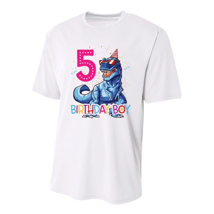 Dinosaur T Rex 5 Year Old 5th Birthday Youth Performance Sprint T-Shirt