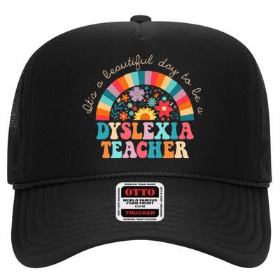 Dyslexia Teacher Retro Dyslexia Sped Therapist Rainbow High Crown Mesh Back Trucker Hat