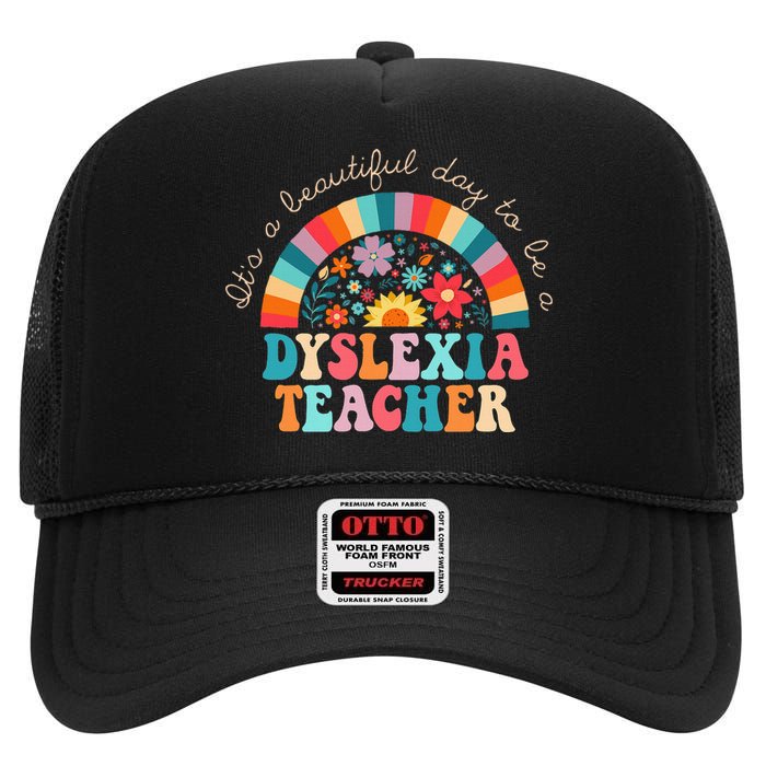 Dyslexia Teacher Retro Dyslexia Sped Therapist Rainbow High Crown Mesh Back Trucker Hat