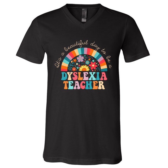 Dyslexia Teacher Retro Dyslexia Sped Therapist Rainbow V-Neck T-Shirt