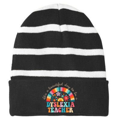 Dyslexia Teacher Retro Dyslexia Sped Therapist Rainbow Striped Beanie with Solid Band