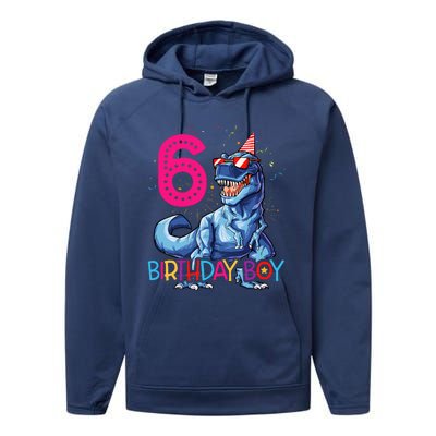 Dinosaur T Rex 6 Year Old 6th Birthday Performance Fleece Hoodie