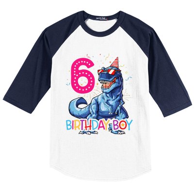 Dinosaur T Rex 6 Year Old 6th Birthday Baseball Sleeve Shirt