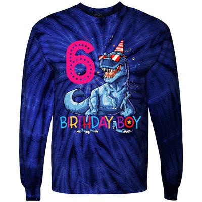 Dinosaur T Rex 6 Year Old 6th Birthday Tie-Dye Long Sleeve Shirt