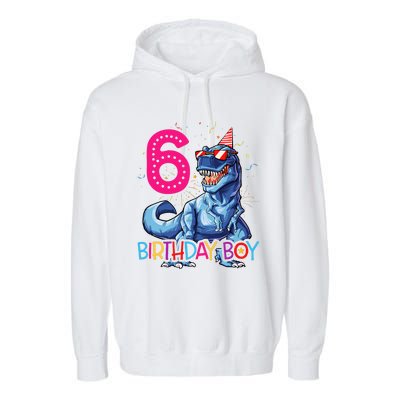 Dinosaur T Rex 6 Year Old 6th Birthday Garment-Dyed Fleece Hoodie