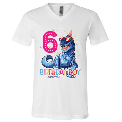 Dinosaur T Rex 6 Year Old 6th Birthday V-Neck T-Shirt