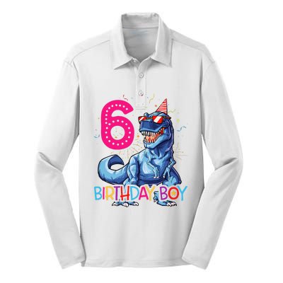 Dinosaur T Rex 6 Year Old 6th Birthday Silk Touch Performance Long Sleeve Polo