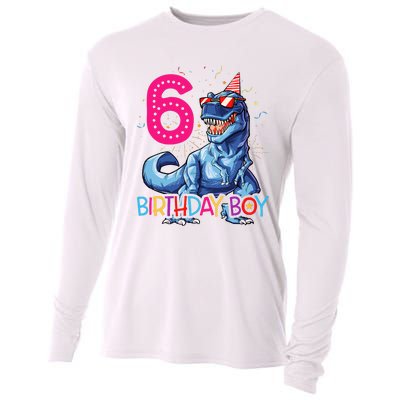 Dinosaur T Rex 6 Year Old 6th Birthday Cooling Performance Long Sleeve Crew