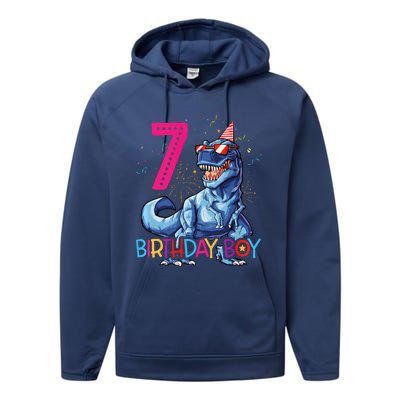 Dinosaur T Rex 7 Year Old 7th Birthday Performance Fleece Hoodie