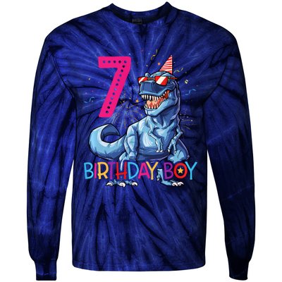 Dinosaur T Rex 7 Year Old 7th Birthday Tie-Dye Long Sleeve Shirt