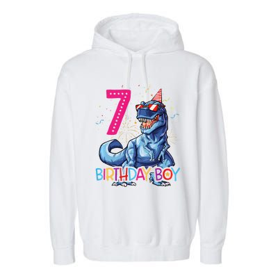 Dinosaur T Rex 7 Year Old 7th Birthday Garment-Dyed Fleece Hoodie