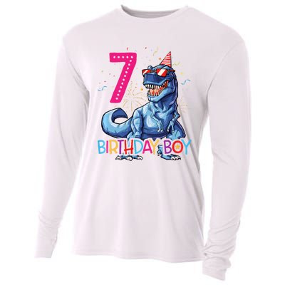 Dinosaur T Rex 7 Year Old 7th Birthday Cooling Performance Long Sleeve Crew