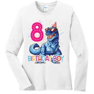 Dinosaur T Rex 8 Year Old 8th Birthday Ladies Long Sleeve Shirt