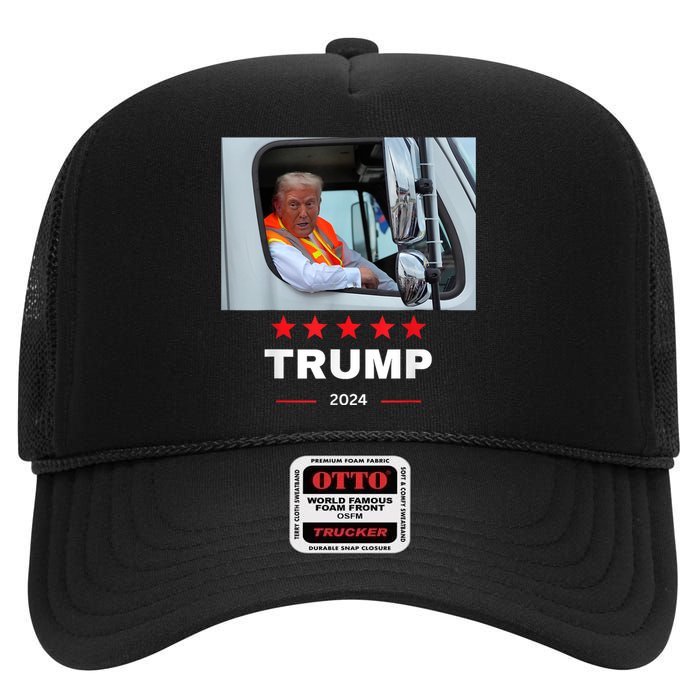 Donald Trump Rides In Garbage Truck High Crown Mesh Back Trucker Hat