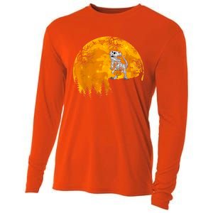 Dinosaur T Rex Skeleton Pumpkin With Moon Halloween Costume Great Gift Cooling Performance Long Sleeve Crew