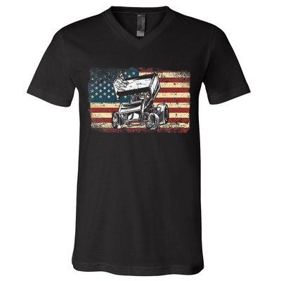 Dirt Track Racing Sprint Car Vintage Retro American Flag V-Neck T-Shirt