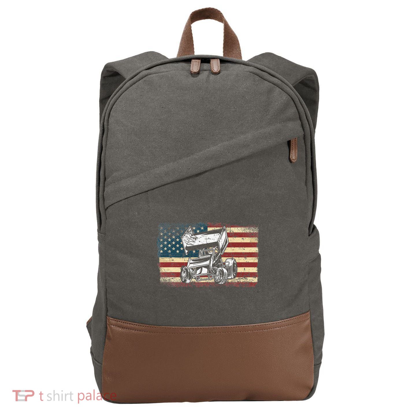 Dirt Track Racing Sprint Car Vintage Retro American Flag Cotton Canvas Backpack