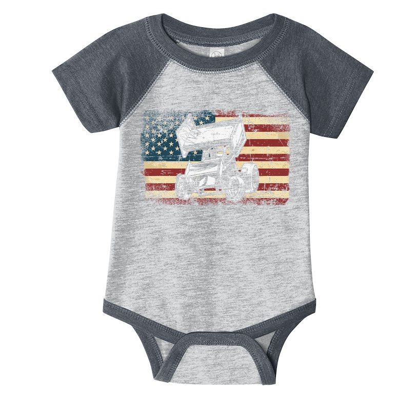 Dirt Track Racing Sprint Car Vintage Retro American Flag Infant Baby Jersey Bodysuit