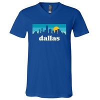 Dallas Texas Retro Sunset Skyline V-Neck T-Shirt