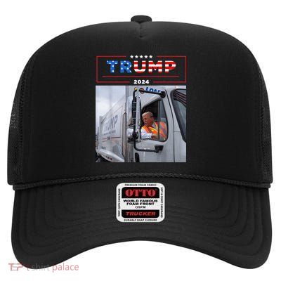 Donald Trump Rides In Garbage Truck High Crown Mesh Back Trucker Hat