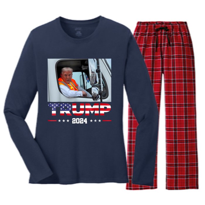 Donald Trump Rides In Garbage Truck Women's Long Sleeve Flannel Pajama Set 