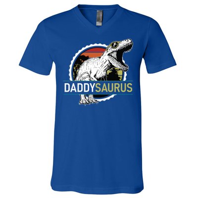 Daddysaurus T Rex Funny Dinosaur Father Dad Vintage Sunset Gift V-Neck T-Shirt