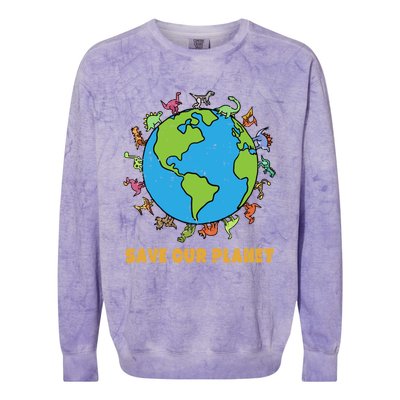 Dinosaurs T Rex Save Our Planet Awareness Earth Day Gift Colorblast Crewneck Sweatshirt