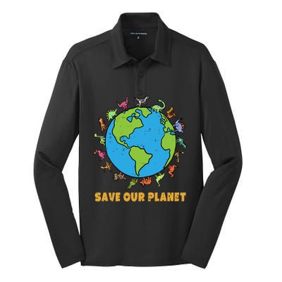 Dinosaurs T Rex Save Our Planet Awareness Earth Day Gift Silk Touch Performance Long Sleeve Polo