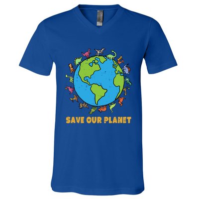 Dinosaurs T Rex Save Our Planet Awareness Earth Day Gift V-Neck T-Shirt