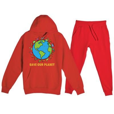 Dinosaurs T Rex Save Our Planet Awareness Earth Day Gift Premium Hooded Sweatsuit Set