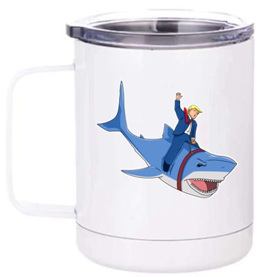 Donald Trump Riding Shark Funny Patriotic 4th Of July Merica Gift 12 oz Stainless Steel Tumbler Cup