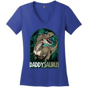 Daddysaurus T Rex Funny Dad Matching Dinosaur Birthday Party Gift Women's V-Neck T-Shirt