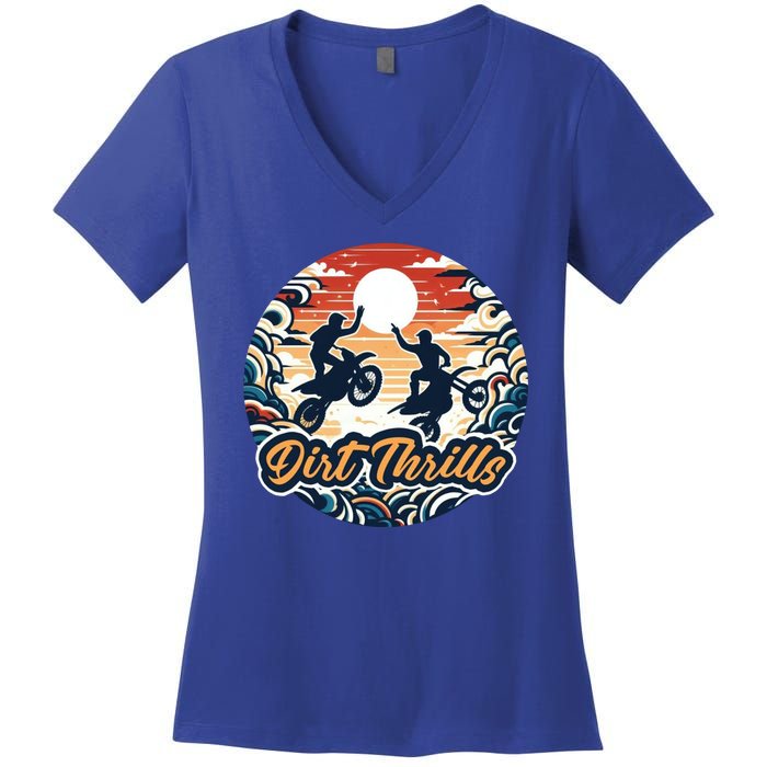 Dirt Thrills Retro Sunset Motocross Women's V-Neck T-Shirt