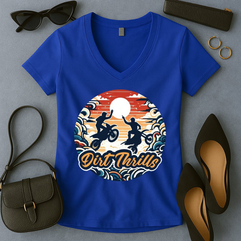 Dirt Thrills Retro Sunset Motocross Women's V-Neck T-Shirt