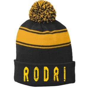 Distressed Team Rodri Surname Last Name Familia Proud Family Stripe Pom Pom Beanie