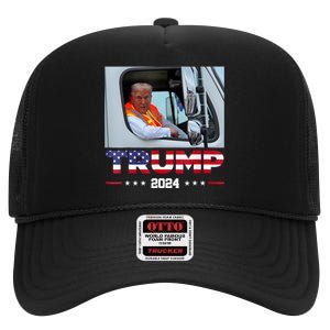 Donald Trump Rides In Garbage Truck High Crown Mesh Back Trucker Hat