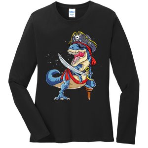 Dinosaur T Rex Pirate Jolly Roger Halloween Gifts Ladies Long Sleeve Shirt