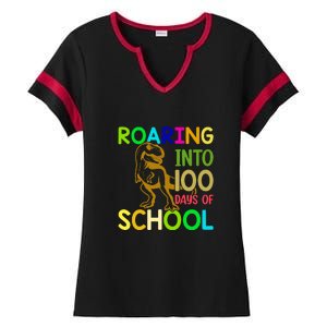 Dinosaur T Rex Roaring Into 100 Days Of School Teacher Ladies Halftime Notch Neck Tee