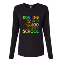 Dinosaur T Rex Roaring Into 100 Days Of School Teacher Womens Cotton Relaxed Long Sleeve T-Shirt