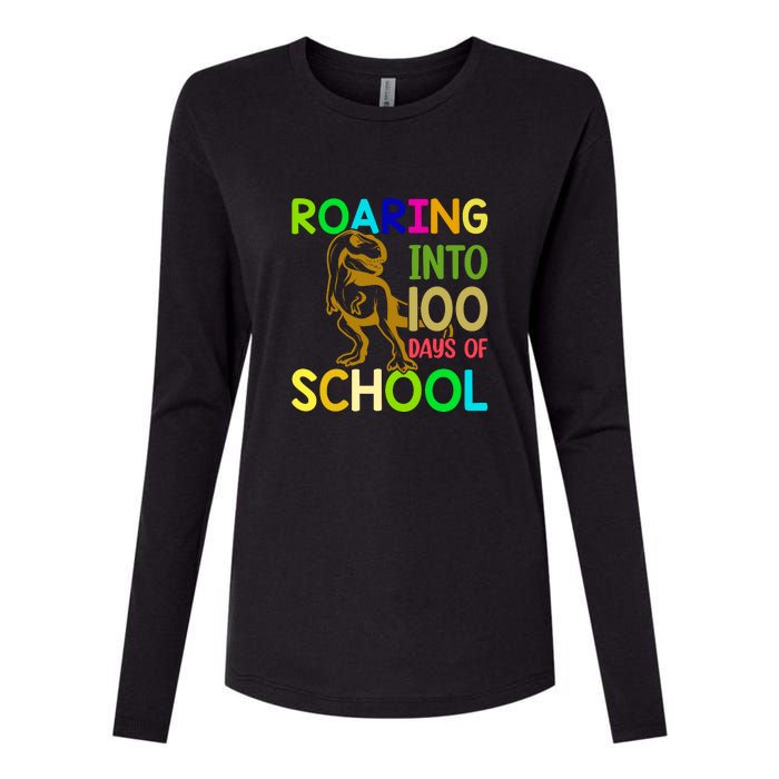 Dinosaur T Rex Roaring Into 100 Days Of School Teacher Womens Cotton Relaxed Long Sleeve T-Shirt